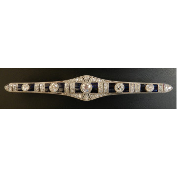Art Deco brošňa bril. cca 1,89 ct a synt.zafír 2,03 platina