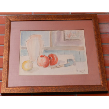 Hložník F.(1921-2006)-Zátišie s fajkou a ovocím