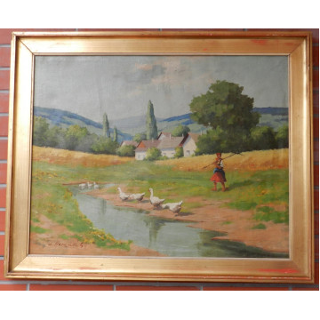 Horvath Gyula (1910-) Žena s hrablami na vidieku